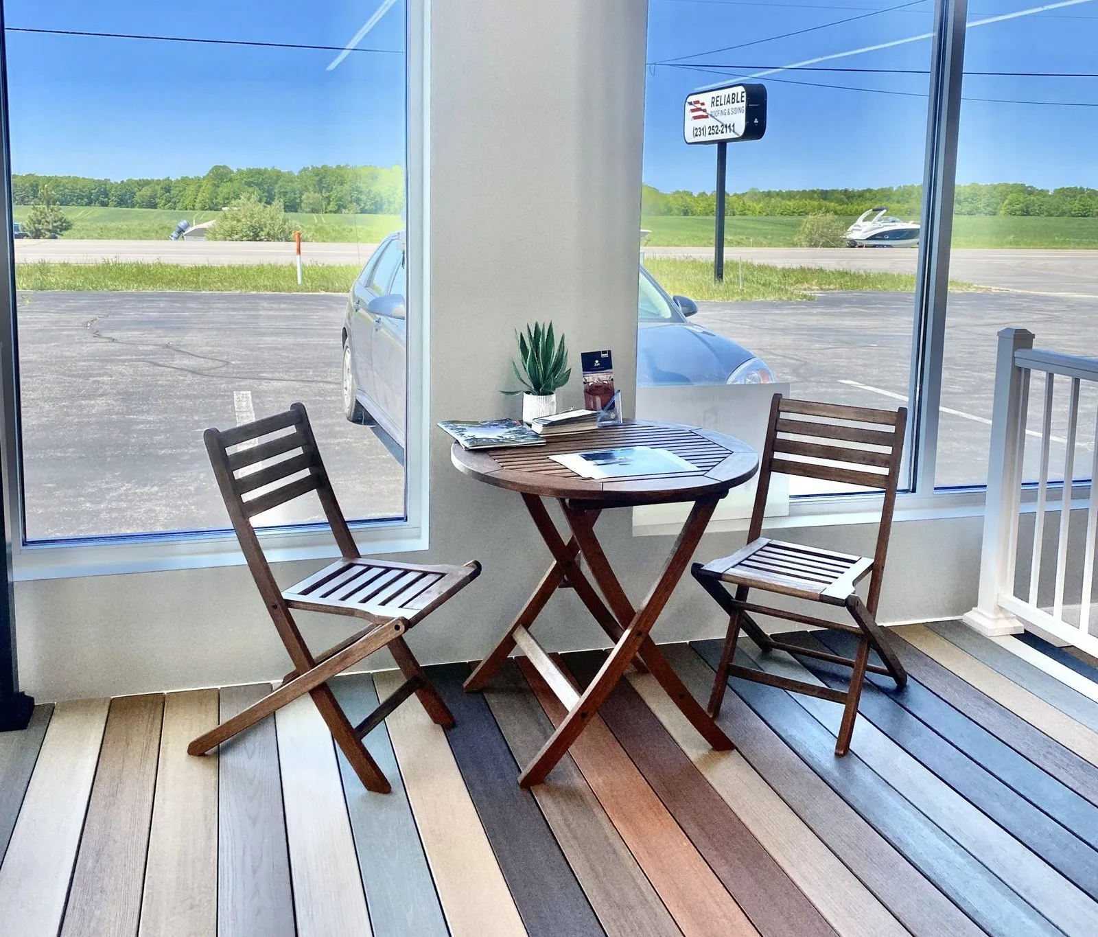 The patio at the Reliable Roofing & Siding showroom